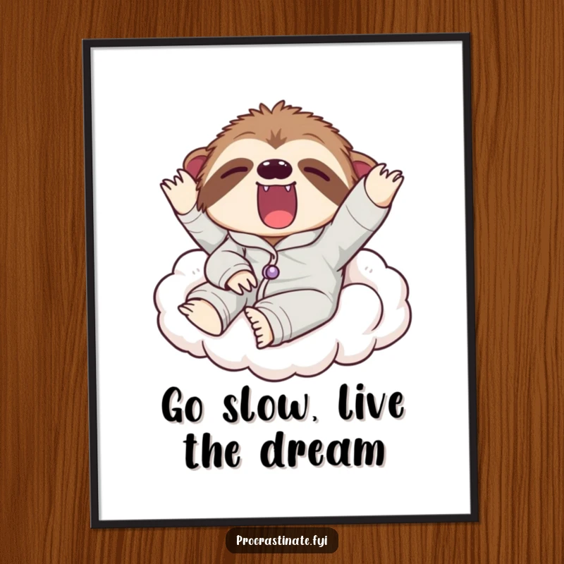 Funny Free Printable Wall Art: A lazy sloth in pajamas yawning widely while lounging on a comfy cloud.