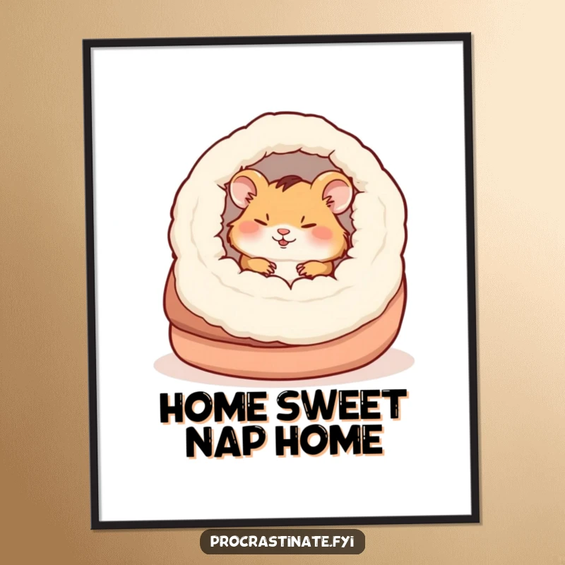 Funny free printable wall art of a happy hamster napping inside a giant slipper, bringing cozy humor home.