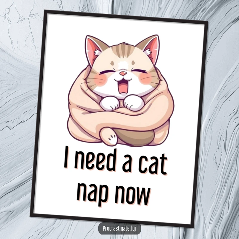 Funny Free Printable sleepy cat tangled in a cozy blanket, yawning widely, peaceful wall art.