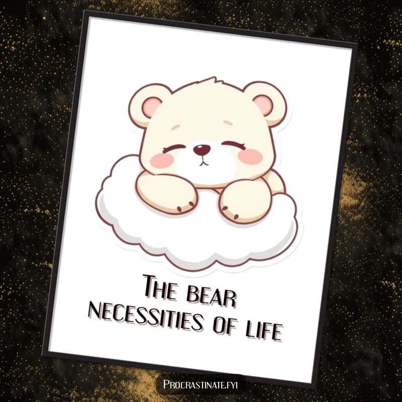 Funny Free Printable lazy bear cub stretched out on a cloud, eyes half-closed, serene wall art.