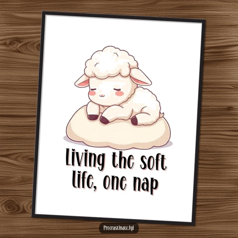 Funny Free Printable Wall Art: A calm sheep resting its head on a soft blanket, exuding peacefulness and gentle humor.