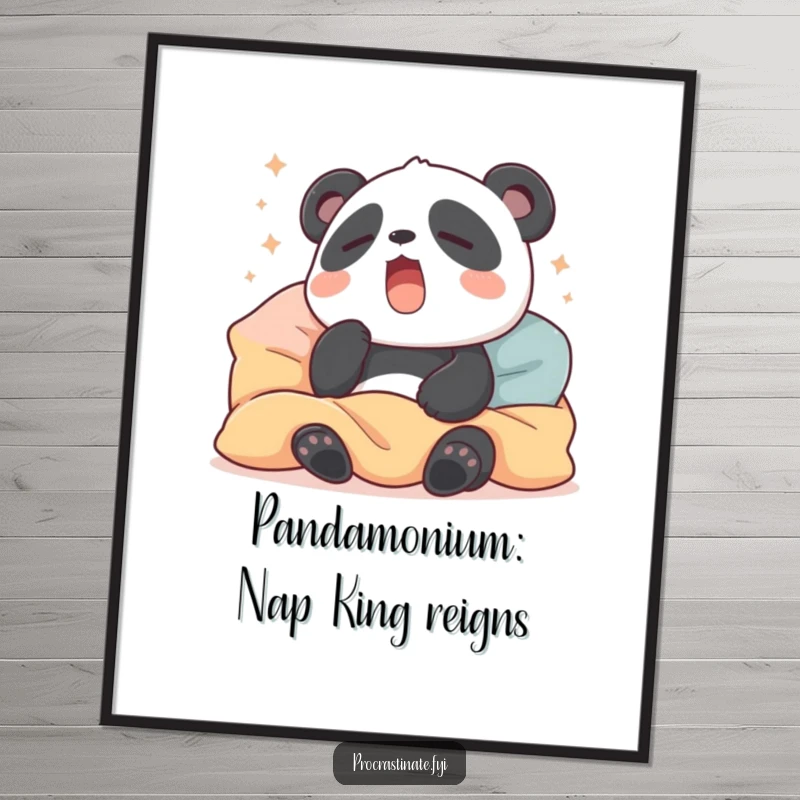Funny free printable wall art of a super sleepy panda yawning widely, surrounded by pillows and blankets, perfect for cozy home decor.