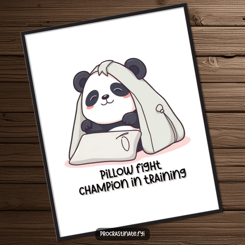 Funny free printable wall art: Determined panda focuses intently on building an epic pillow fort, a cozy masterpiece.