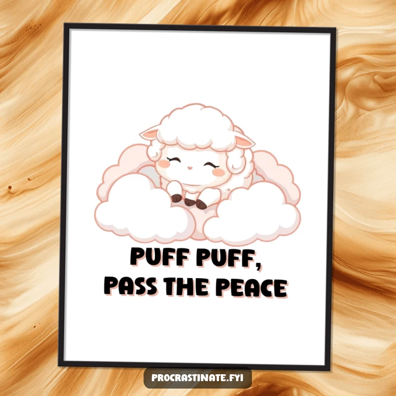 Funny Free Printable Wall Art of a fluffy sheep sleeping soundly on dreamy clouds, capturing ultimate relaxation and peace.