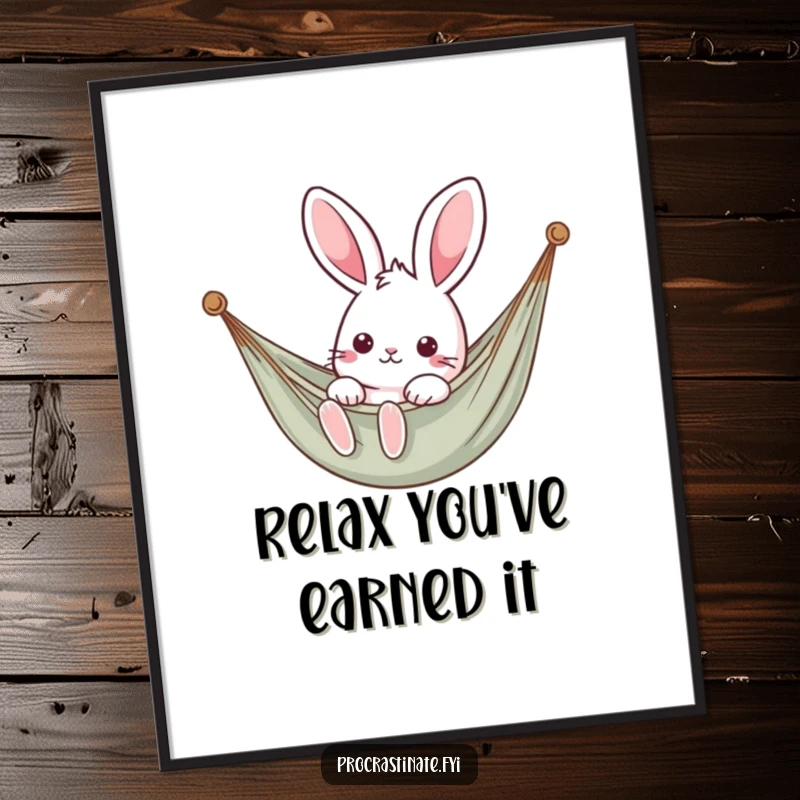 Funny Free Printable Wall Art of a kawaii rabbit peacefully lounging in a hammock, bringing ultimate chill and cute decor vibes.