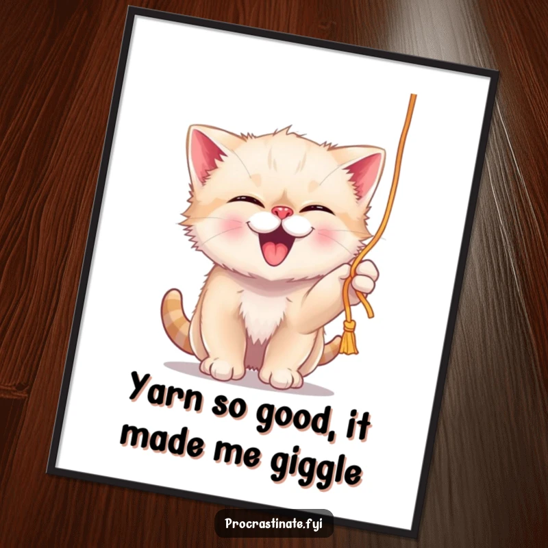 Funny Free Printable Wall Art: A giggling kitten gleefully batting at a dangling string of yarn, full of playful mischief.