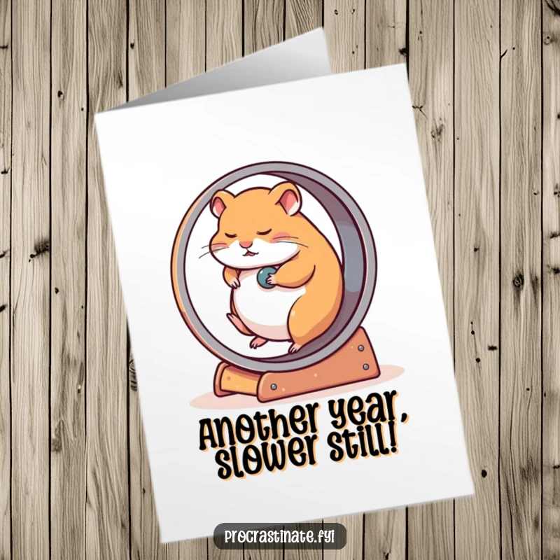 Funny free printable birthday card: a tired hamster barely moving on an oversized wheel.