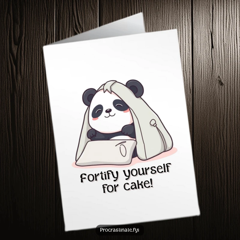 Funny free printable birthday card: Determined panda enthusiastically builds a cozy pillow fort, ready for adventure.