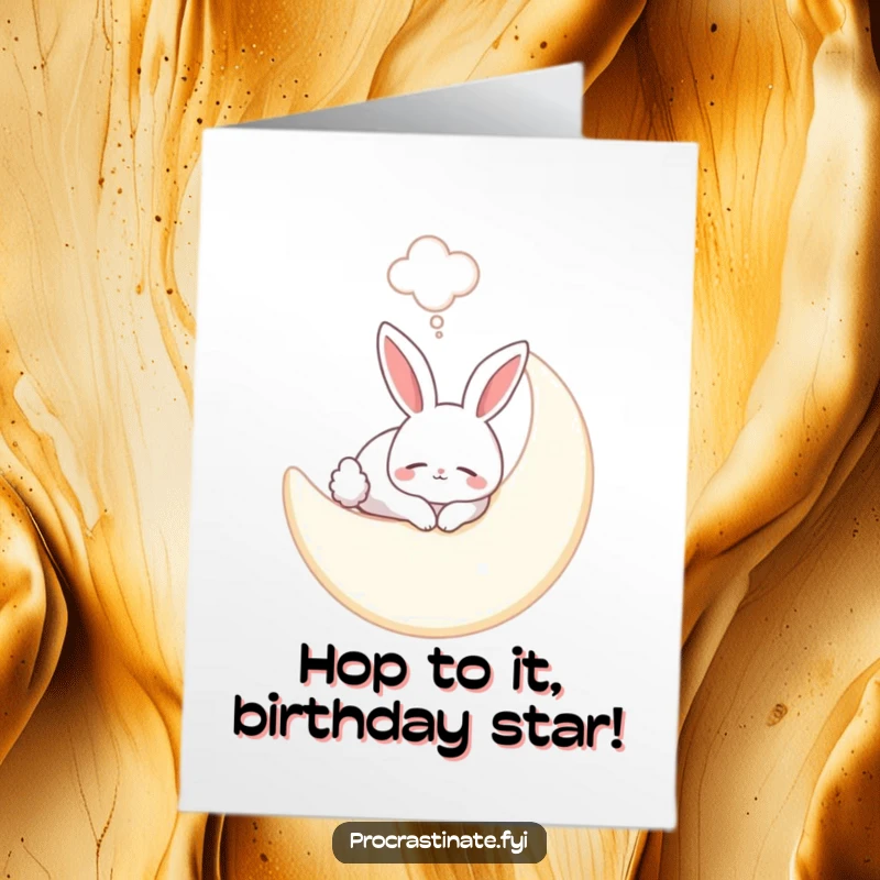 Funny Free Printable Birthday Card: A smiling bunny peacefully sleeping on a soft crescent moon with a dream bubble.