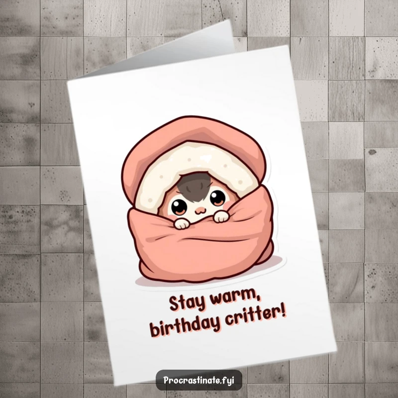 Funny Free Printable Birthday Card featuring a round creature's eyes peeking from under a blanket, ready for birthday snuggles.