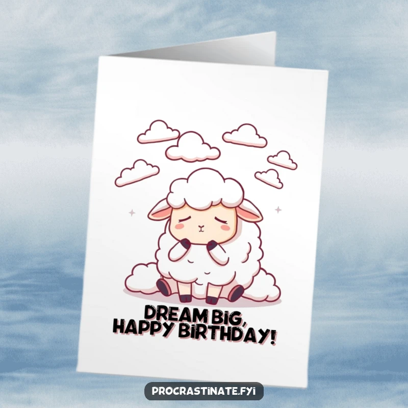 Funny free printable birthday card featuring a dozing sheep counting clouds, wishing a peaceful happy birthday.