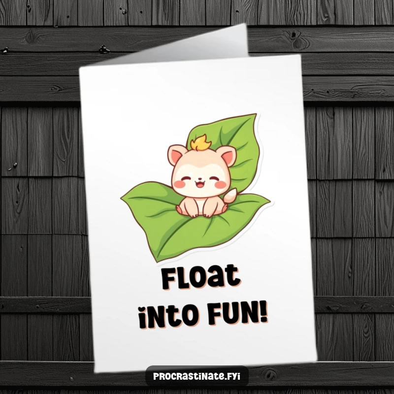 Funny Free Printable Birthday Card: A joyful animal happily floating downstream on a giant, oversized green leaf.