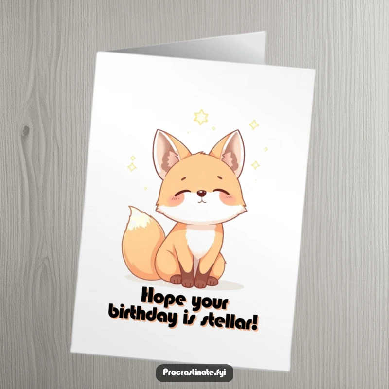 Funny Free Printable Birthday Card: A mellow fox gazing dreamily at a vast starry sky, filled with wonder.
