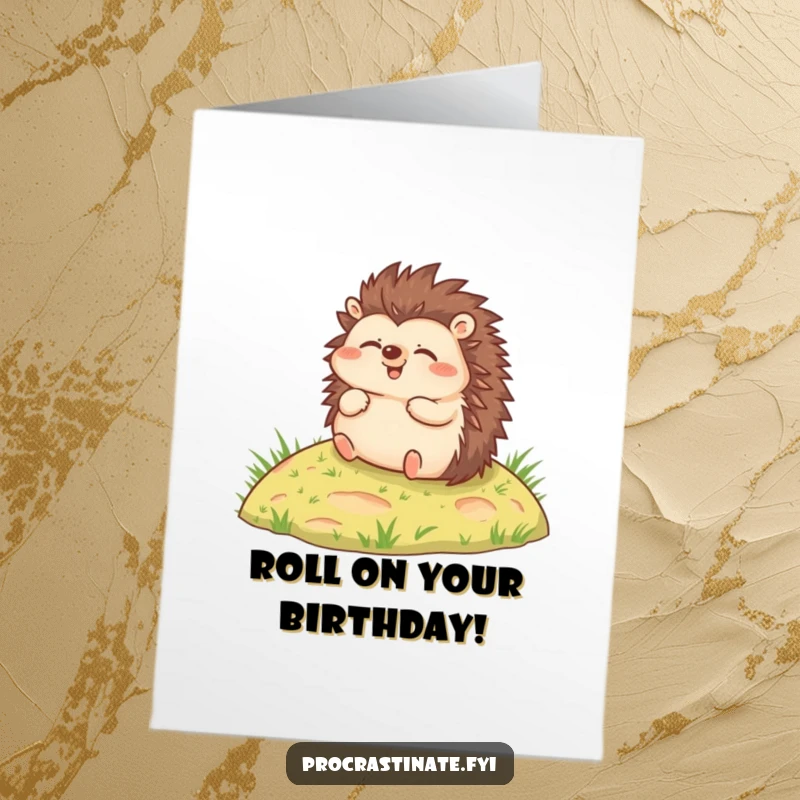 Funny Free Printable Birthday Card featuring a joyful hedgehog rolling down a grassy hill, radiating pure relaxation and happiness.