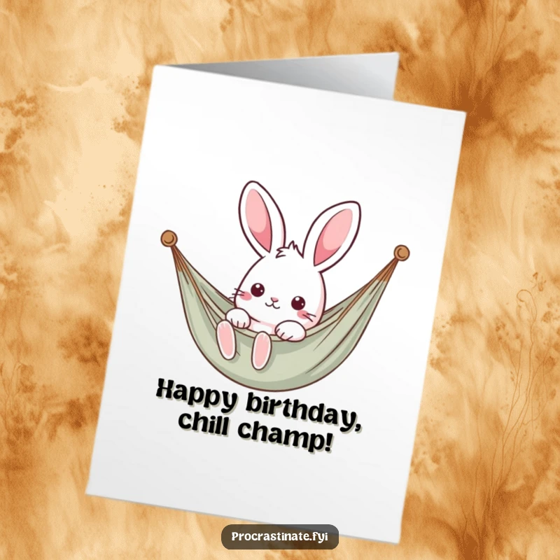 Funny Free Printable Birthday Card featuring a kawaii rabbit blissfully lounging in a hammock, embodying pure birthday relaxation and fun.