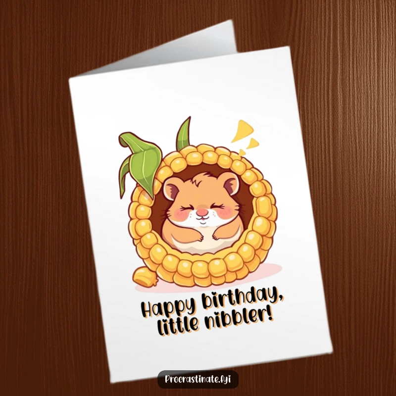 Funny free printable birthday card with a happy hamster napping inside a giant corn cob, dreaming with a smile, celebrating with charm.