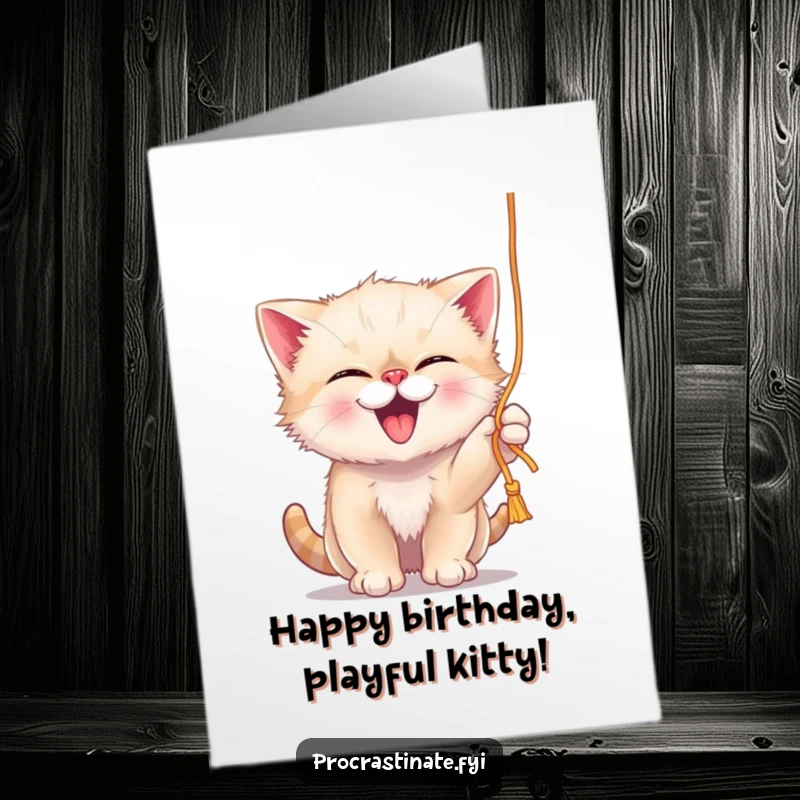 Funny Free Printable Birthday Card: A giggling kitten gleefully batting at a dangling string of yarn, pure playful energy.