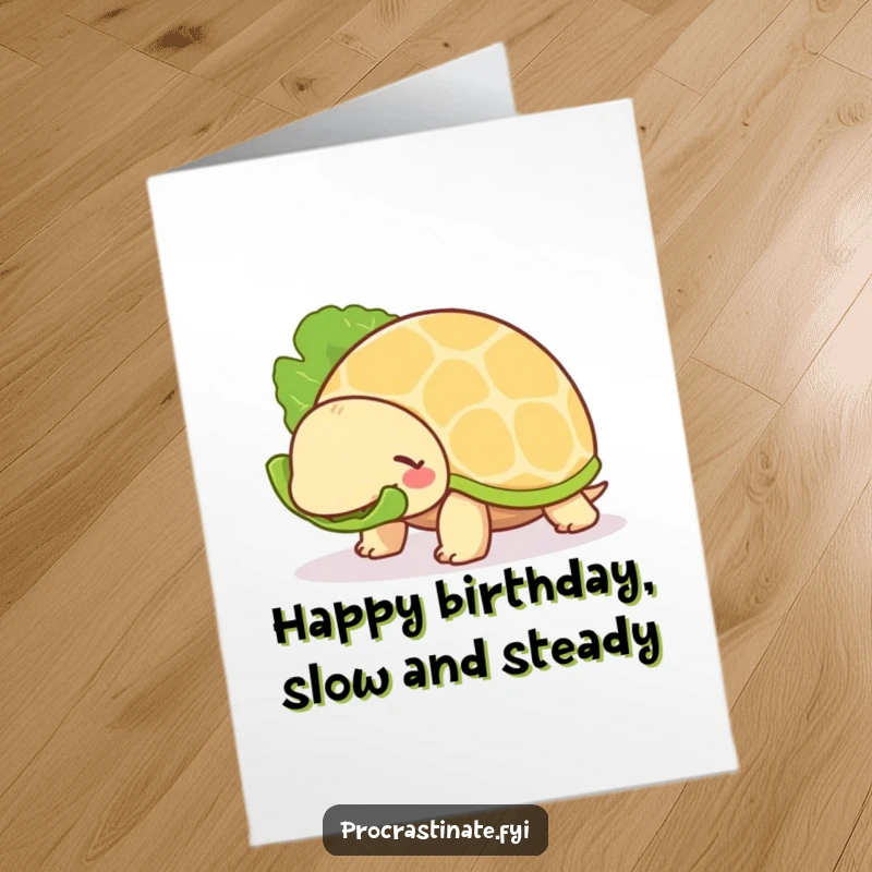 Funny Free Printable Birthday Card featuring a chill turtle leisurely munching on a big lettuce leaf, savoring the moment.