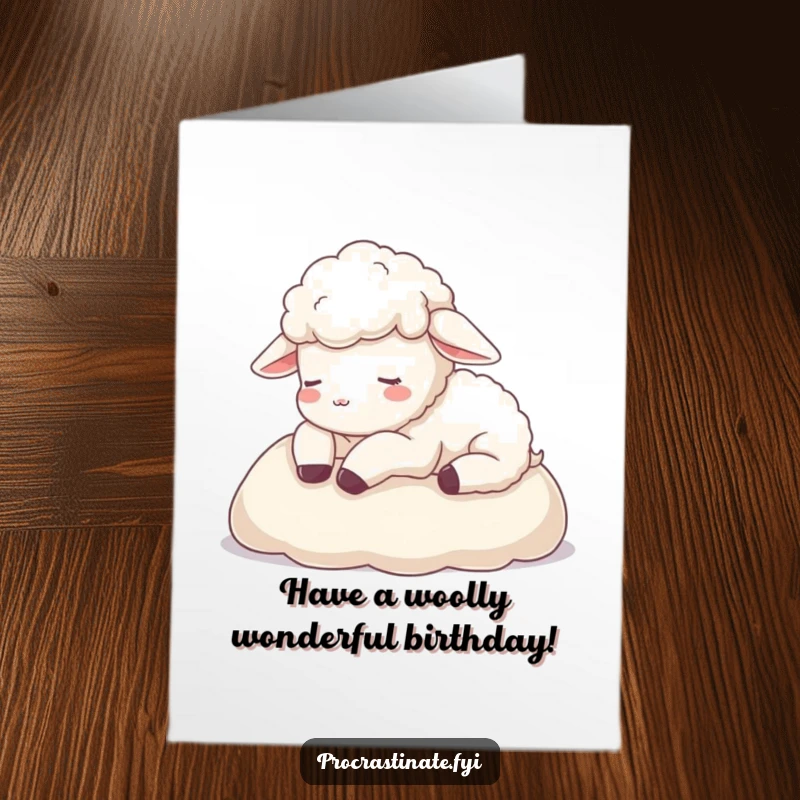 Funny Free Printable Birthday Card: A calm sheep peacefully resting its head on a soft blanket, embodying pure comfort.