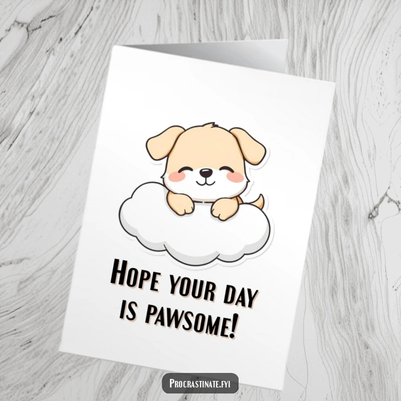 Funny Free Printable Birthday Card: A happy dog character lounges joyfully on a cloud with a gentle smile, celebrating a birthday in the sky.