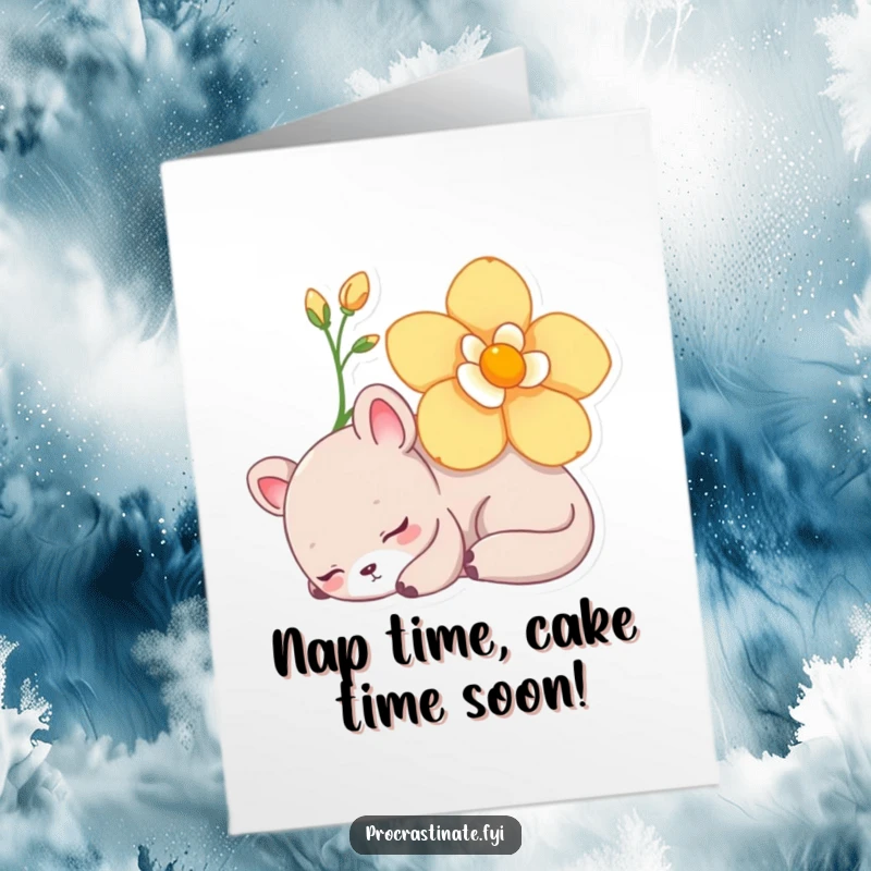 Funny Free Printable Birthday Card: Lazy animal napping peacefully under a blooming flower, dreaming sweetly.