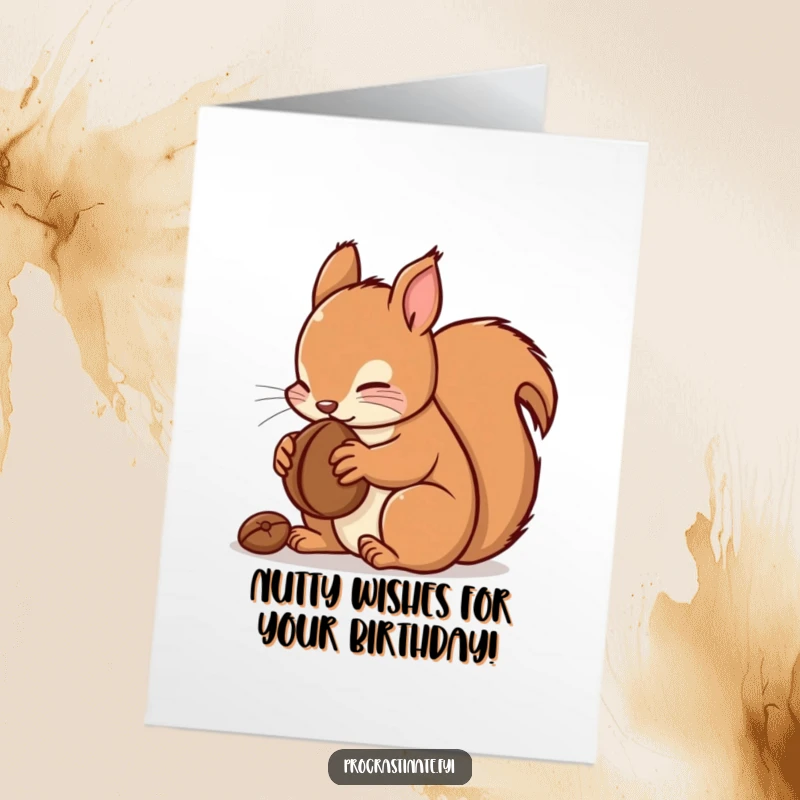 Funny Free Printable Birthday Card: Kawaii squirrel happily munching on a nut, celebrating a birthday with delight.