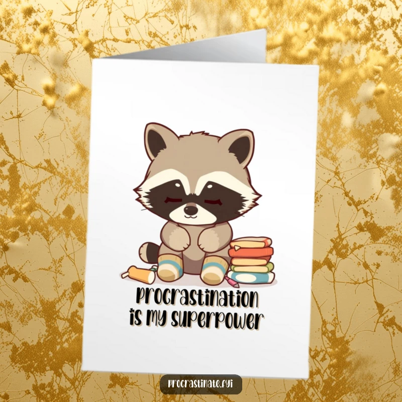 Funny free printable birthday card: Stealthy raccoon in cozy socks blankly stares at chores, feeling relatable dread.