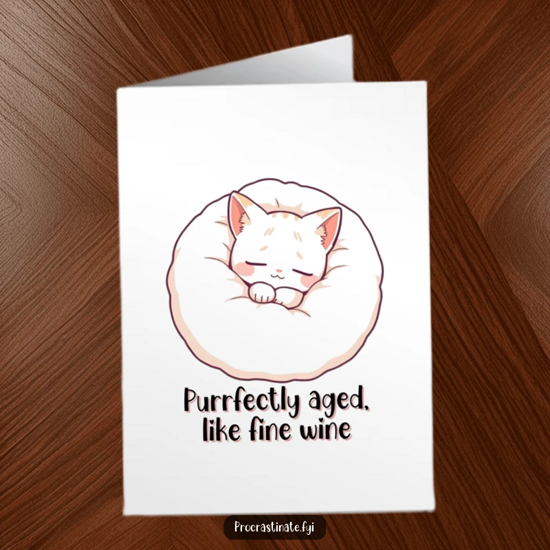 Funny Free Printable Birthday Card: A content cat character is curled up peacefully in a giant, fluffy pillow, wishing a happy birthday with serene comfort.