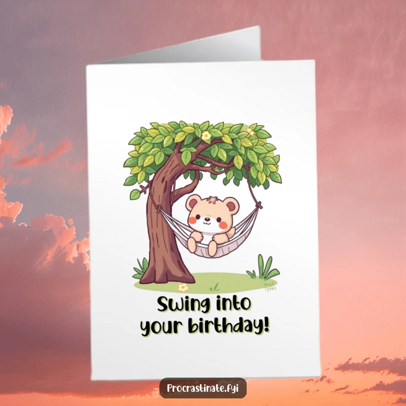Funny Free Printable Birthday Card: A playful animal lazily swinging in a hammock under a tree, embodying pure relaxation.