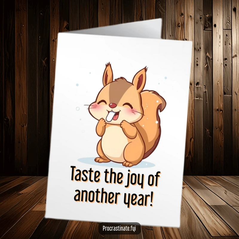 Funny free printable birthday card: Joyful squirrel happily catches falling snowflakes with its tongue, embracing winter fun.