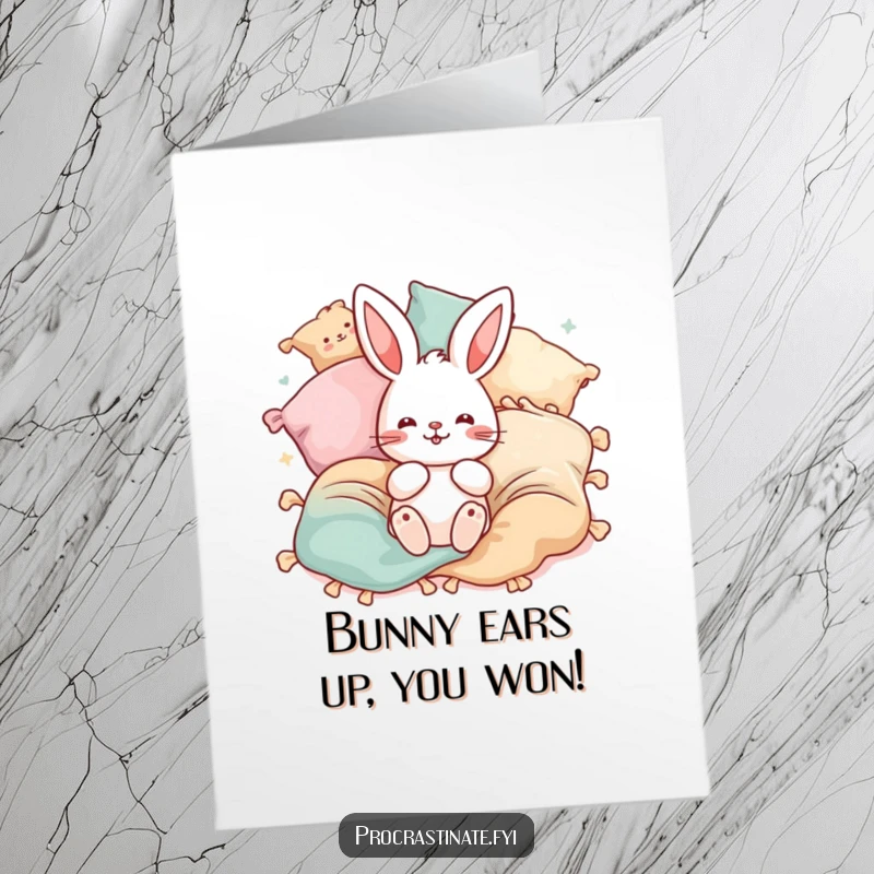 Funny Free Printable Congratulations Card with a playful bunny character enthusiastically bouncing on pillows and blankets.