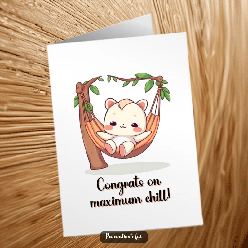 Funny Free Printable Congratulations Card: A creature with a blank, serene face lounges in a hammock, celebrating success with ultimate chill.