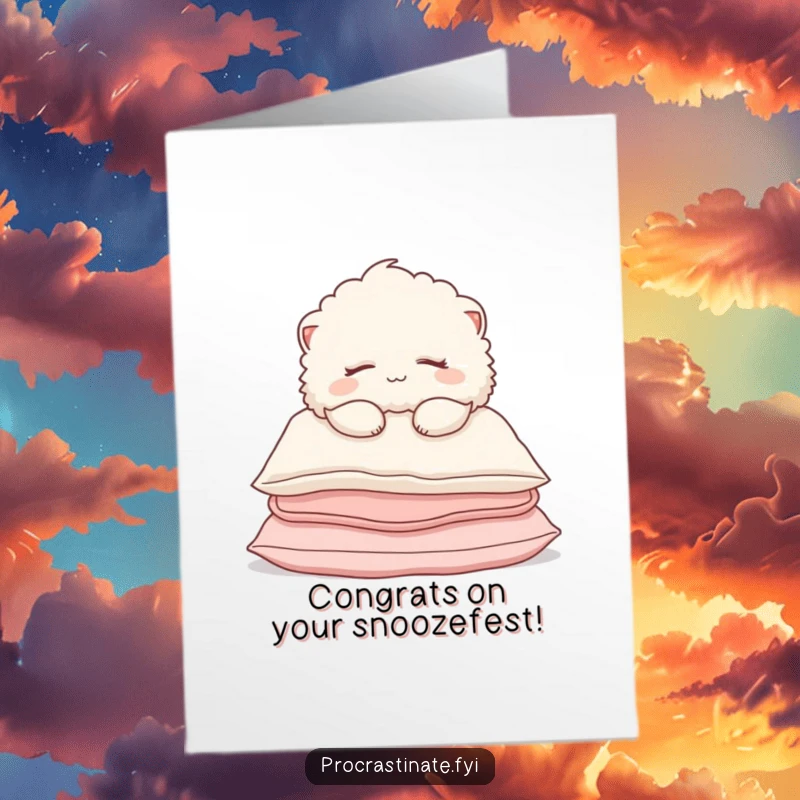 Funny Free Printable Congratulations Card: A fluffy creature peacefully sleeping on pillows after a well-deserved accomplishment.