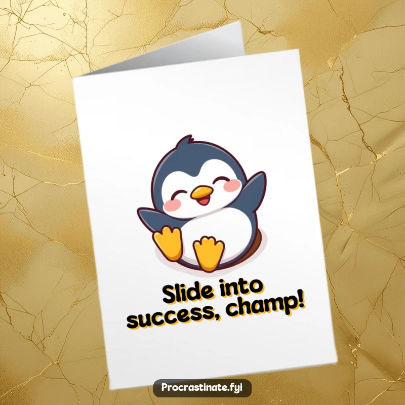 Funny Free Printable Congratulations Card: Penguin joyfully sliding down a snowy slope, embodying exhilarated success and happiness.