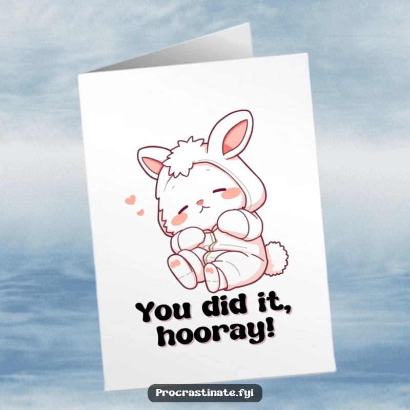 Funny Free Printable Congrats Card: Bunny in pajamas stretching contentedly, a humorous way to say congratulations.