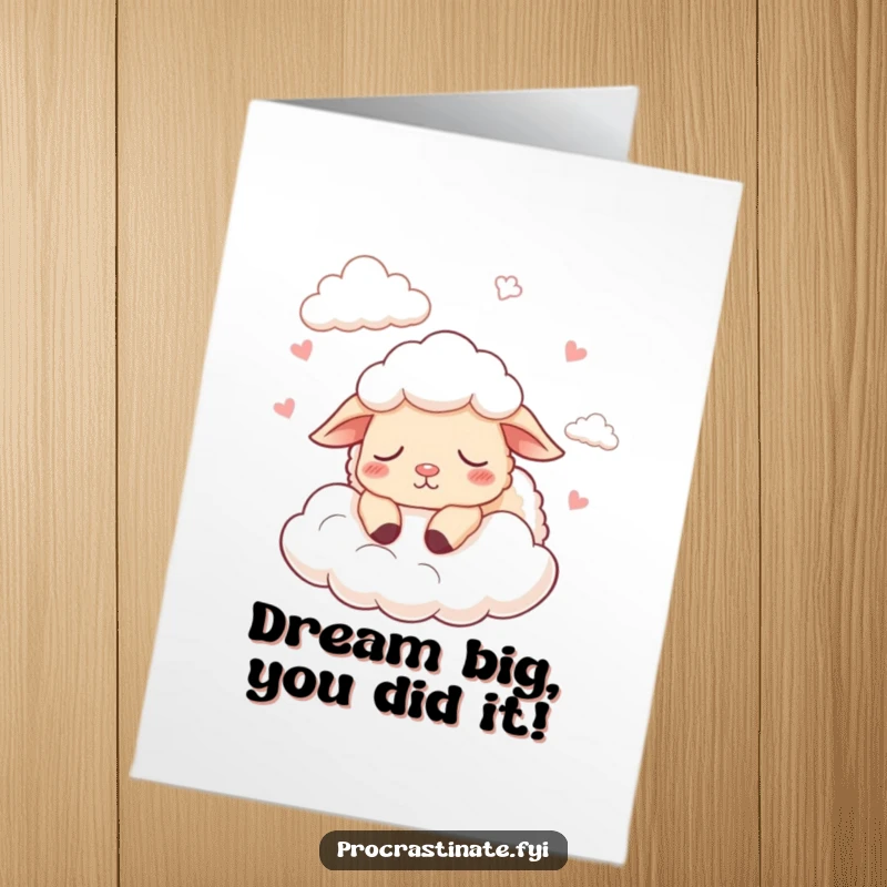 Funny Free Printable Congratulations Card: A contented sheep drifting off while counting clouds, celebrating dreams come true.