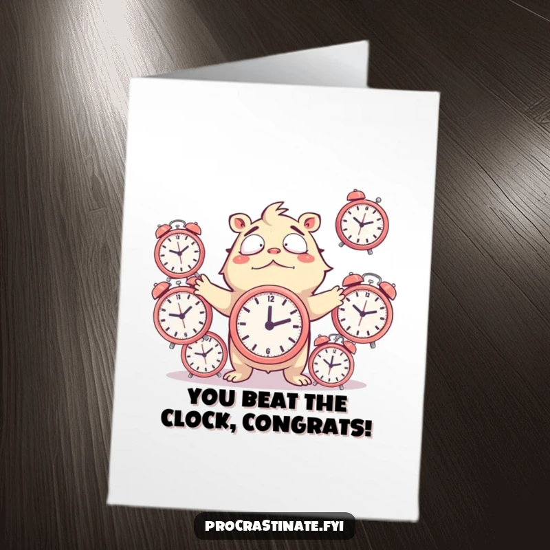 Funny Free Printable Congratulations Card: A creature juggling alarm clocks, symbolizing conquering overwhelming tasks to achieve success.