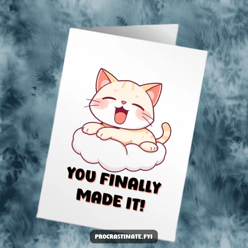 Funny Free Printable Kawaii Cat Congratulations Card: A cute cat on a cloud yawning, embodying relaxed joy for their success.