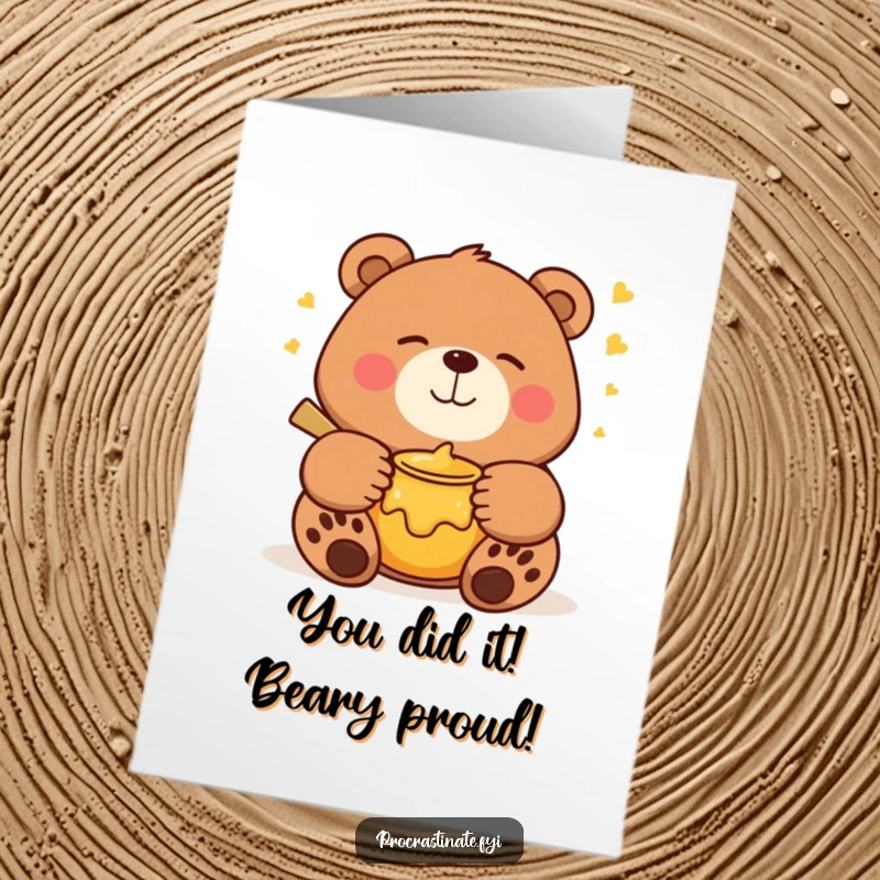 Funny free printable congrats card: a contented bear smiling in its sleep, dreaming of a delicious honey pot, celebrating success.