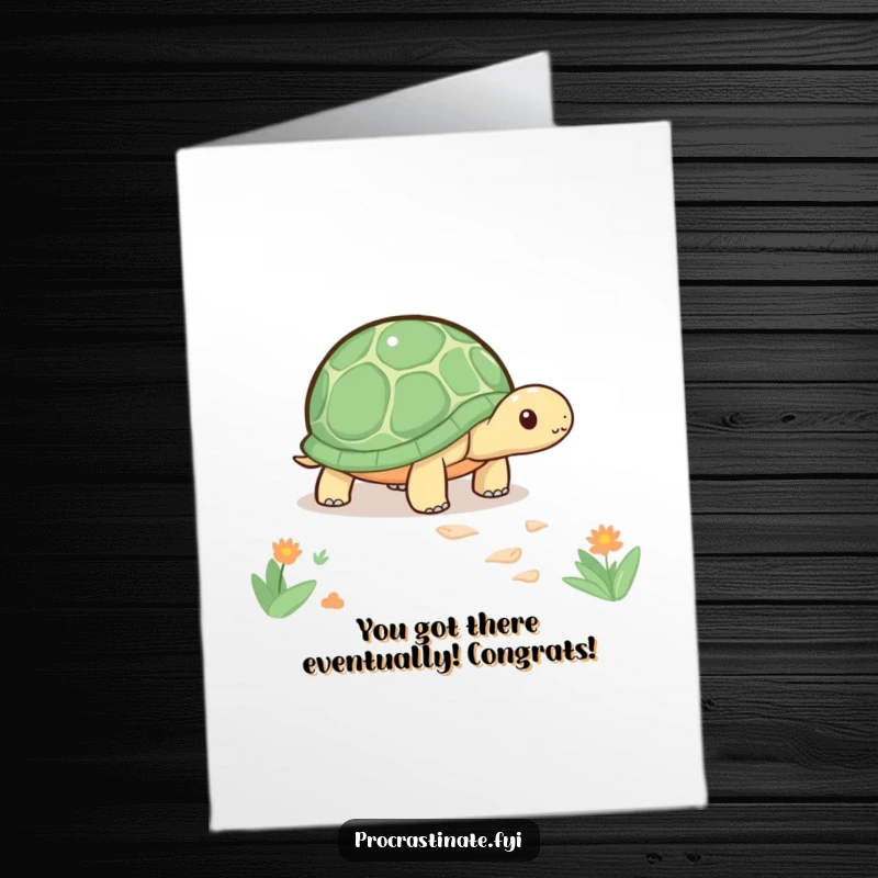 Funny Free Printable Congratulations Card: Adorable kawaii turtle slowly moving along a path, symbolizing steady progress and success.