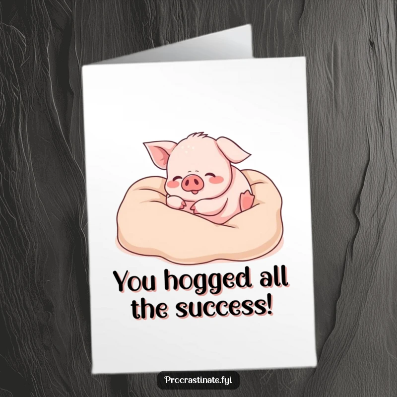 Funny Free Printable Congrats Card: Adorable piglet joyfully tumbling and snuggling within a soft pile of blankets.