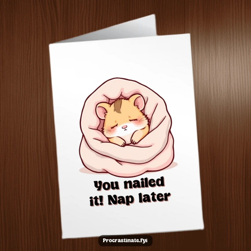 Funny Free Printable Congratulations Card showing a kawaii hamster napping contentedly after a big achievement, a cute and cozy celebration.