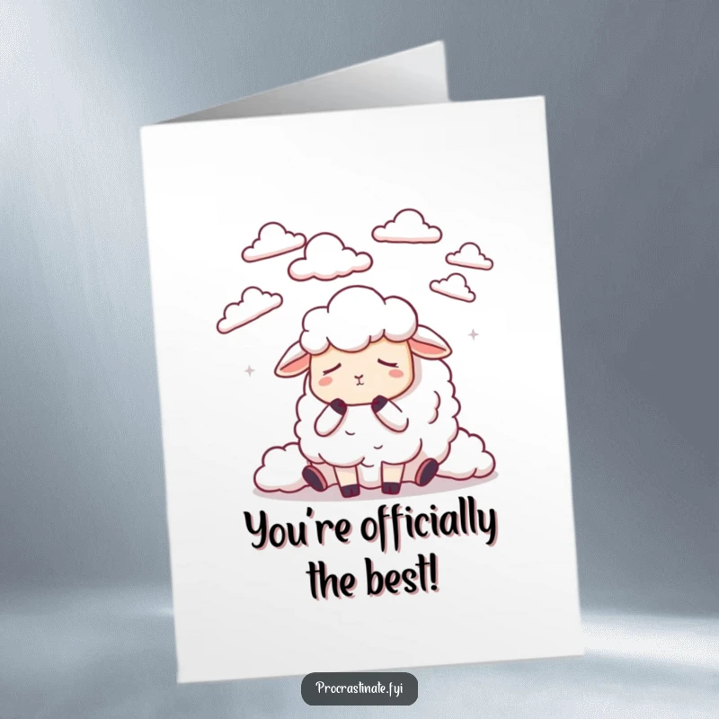 Funny free printable congratulations card of a dozing sheep counting clouds, perfect for calm and pleasant congratulations.