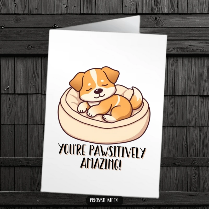 Funny free printable congratulations card showing a content dog dozing in a cozy bed, tail thumping, ready to celebrate achievements.