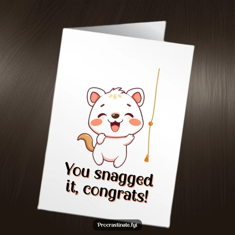 Funny Free Printable Congratulations Card: Cheerful animal energetically batting at a dangling string, celebrating wins.