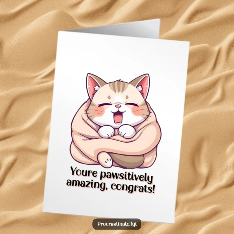 Funny Free Printable sleepy cat yawning in a blanket, a cozy congrats card.