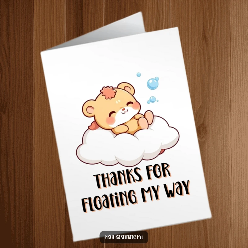 Funny Free Printable Thank You Card: Cute animal on cloud blowing bubbles, expressing thanks with joy.