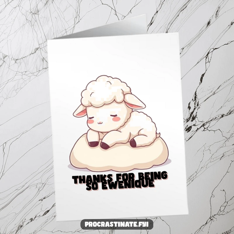 Funny Free Printable Thank You Card: A peaceful sheep nestled on a soft blanket, conveying thanks with sweet serenity.