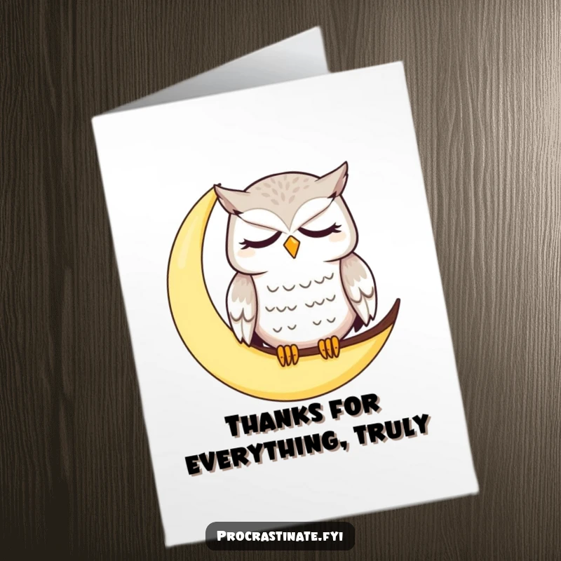 Funny Free Printable Thank You Card: Dazed owl on moon, looking sleepy and calm, expressing thanks.
