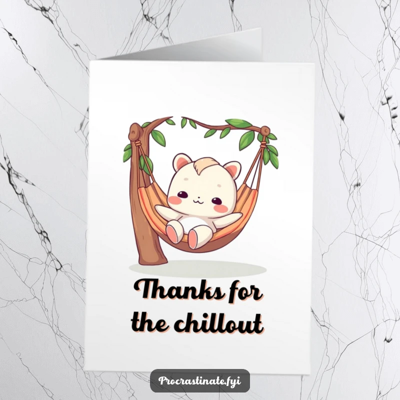 Funny Free Printable Thank You Card: A creature with a blank, happy expression relaxes in a hammock, sending peaceful thanks.